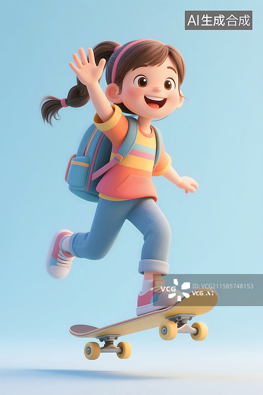 【AI数字艺术】3D立体三维C4D玩滑板运动的儿童女孩青少年快乐卡通形象图片素材