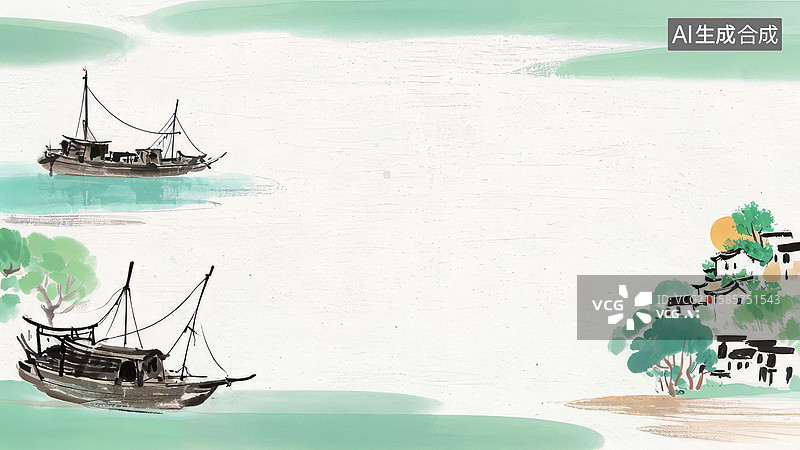 【AI数字艺术】水墨画最大-背景壁纸1江上渔舟与村落图片素材