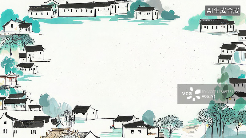 【AI数字艺术】水墨画最大-背景壁纸1水墨风格的乡村建筑布局图片素材