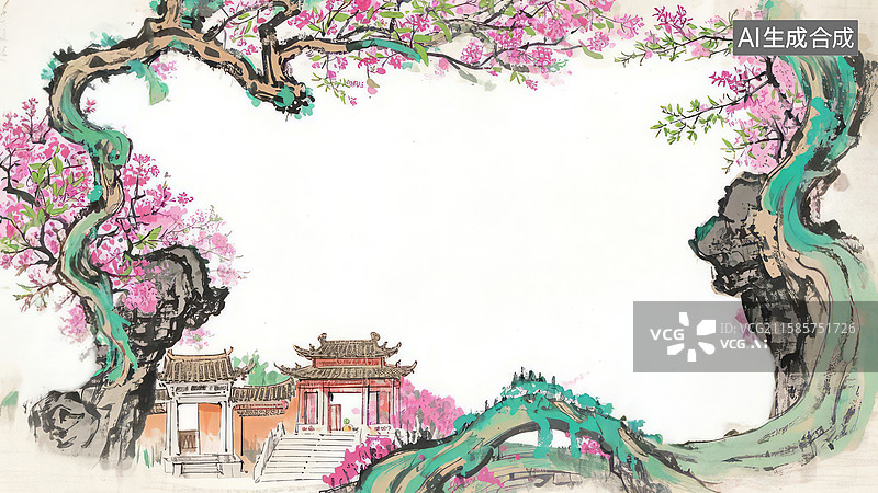 【AI数字艺术】水墨画最大-背景壁纸1古典园林与桃花树的美丽画卷图片素材