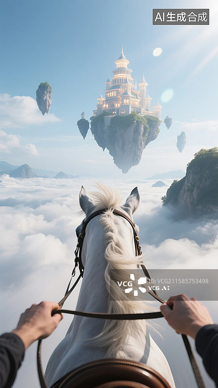 【AI数字艺术】云海白马望仙城图片素材