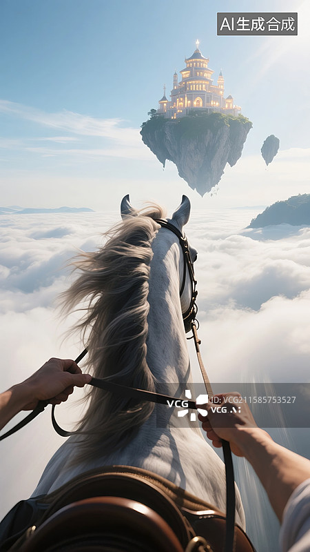 【AI数字艺术】云海白马望仙城图片素材