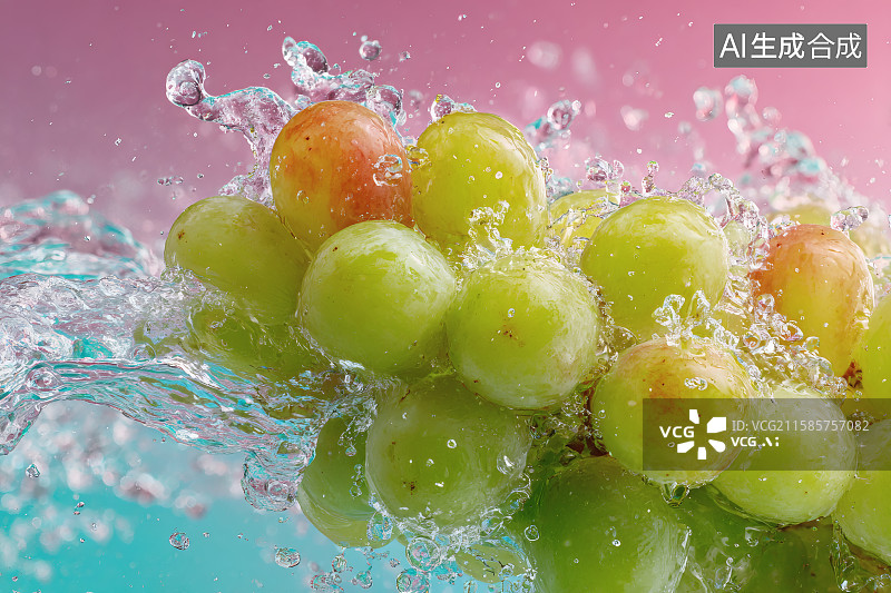 【AI数字艺术】新鲜采摘，在水中清洗的一串绿葡萄图片素材