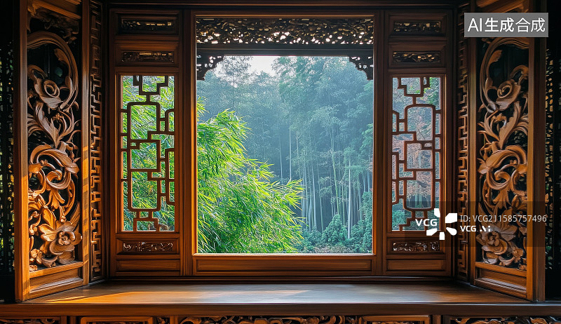 【AI数字艺术】中式木窗与竹林景观图片素材