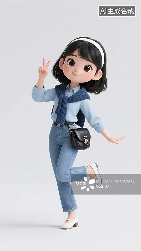 【AI数字艺术】比耶摆拍姿势的3D毛衣披肩少女图片素材