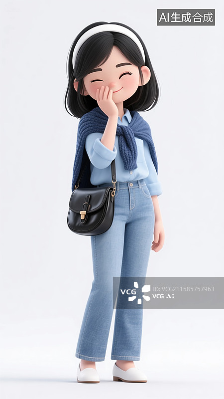 【AI数字艺术】捂嘴可爱姿势的3D毛衣披肩少女图片素材
