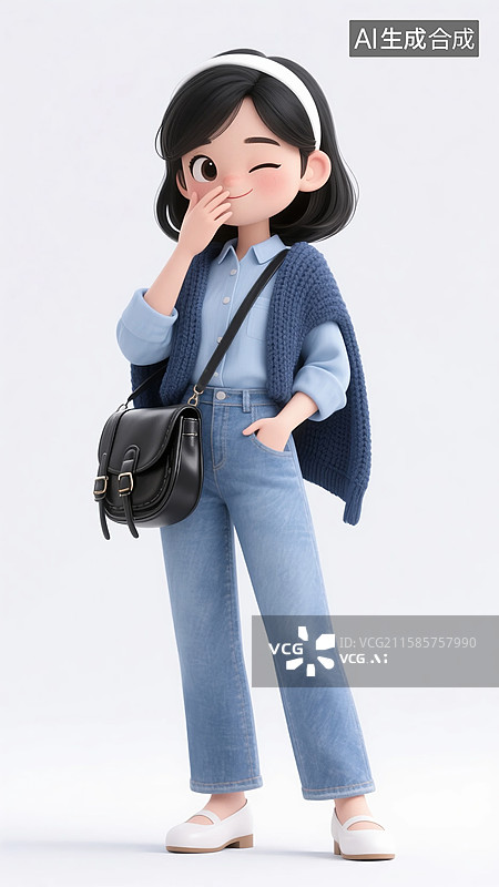 【AI数字艺术】捂嘴可爱姿势的3D毛衣披肩少女图片素材