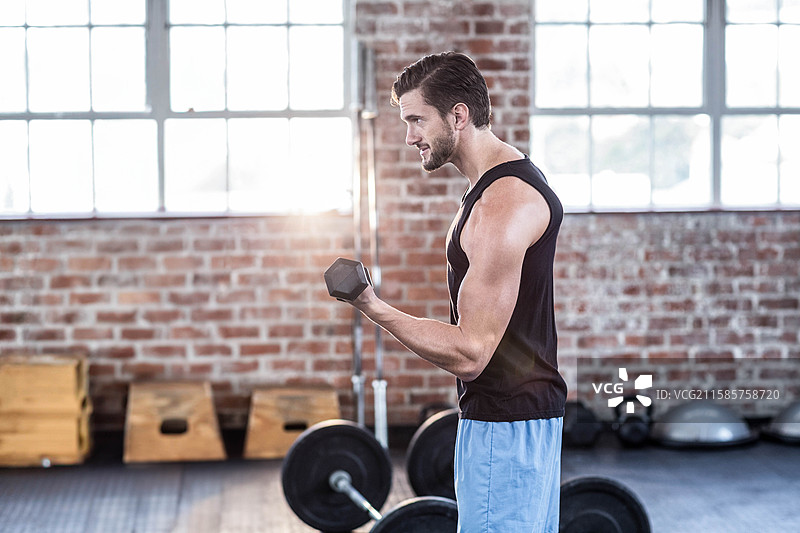 男性在健身房举起六角哑铃并进行肱二头肌弯举，穿着运动短裤，留有空白空间图片素材