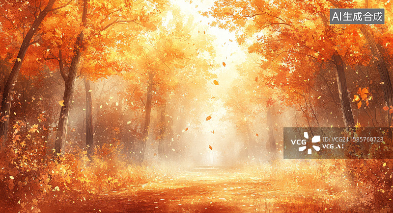 【AI数字艺术】秋日森林阳光透过红叶景象图片素材