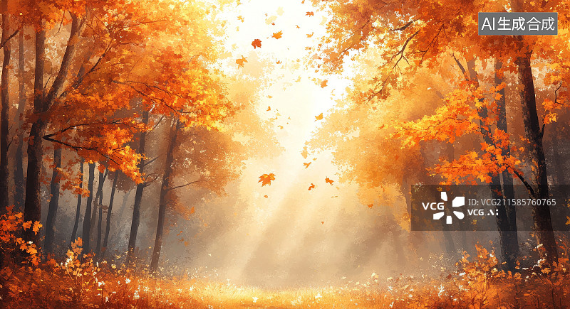 【AI数字艺术】秋日森林阳光透过红叶景象图片素材