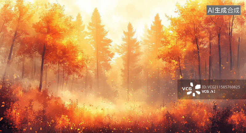 【AI数字艺术】秋日森林阳光透过红叶景象图片素材