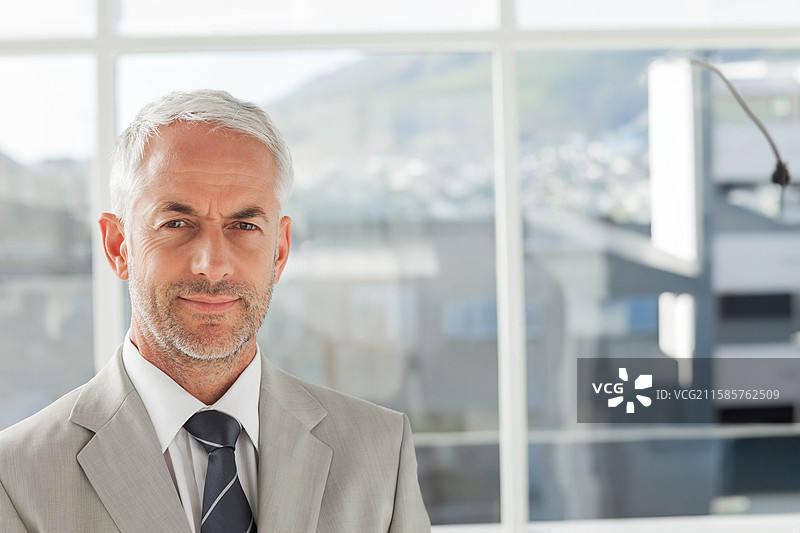 中年男子穿着浅灰色西装和条纹领带，站在办公室的格子窗前，留白空间图片素材