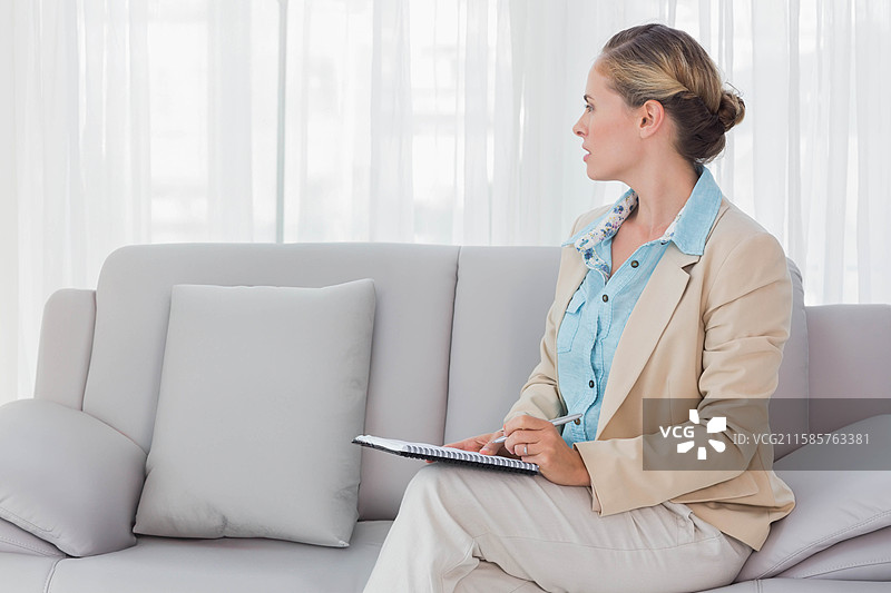 穿着商务服装的女性在家中的沙发上用笔在螺旋装订的笔记本上写字，留有空白空间图片素材