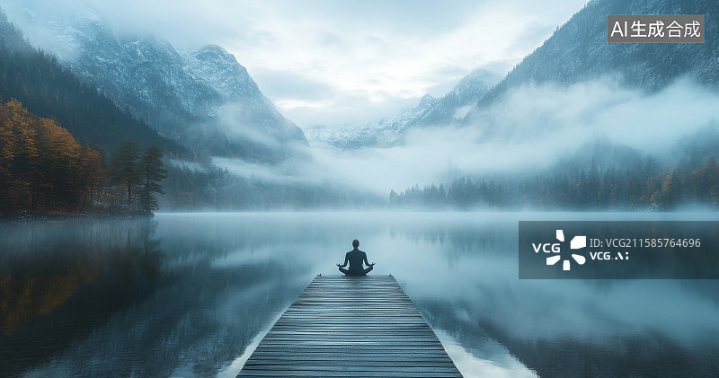 【AI数字艺术】湖畔木栈道上冥想的人图片素材