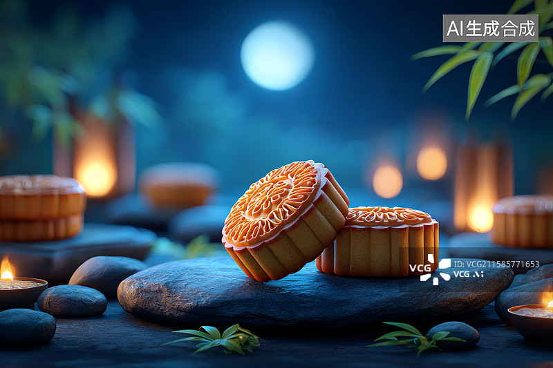 【AI数字艺术】中秋月饼下的满月图片素材