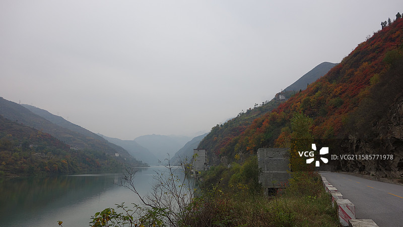 陕西省安康市旬阳县蜀河镇蜀河古镇：汉水秋色秦巴红叶图片素材