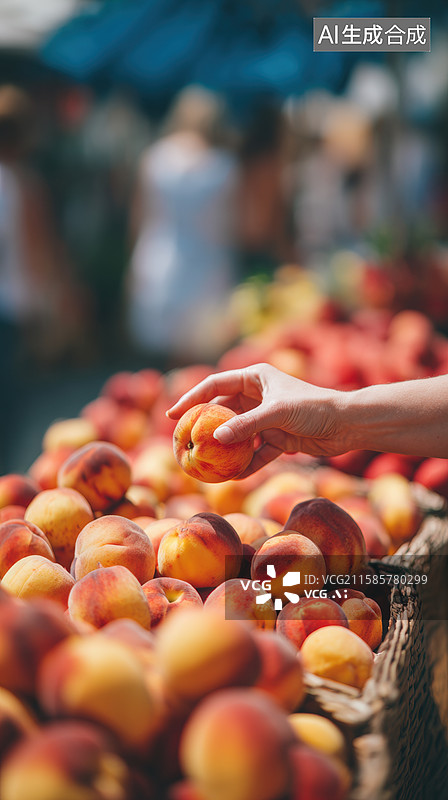 【AI数字艺术】市场摊位上挑选新鲜桃子图片素材