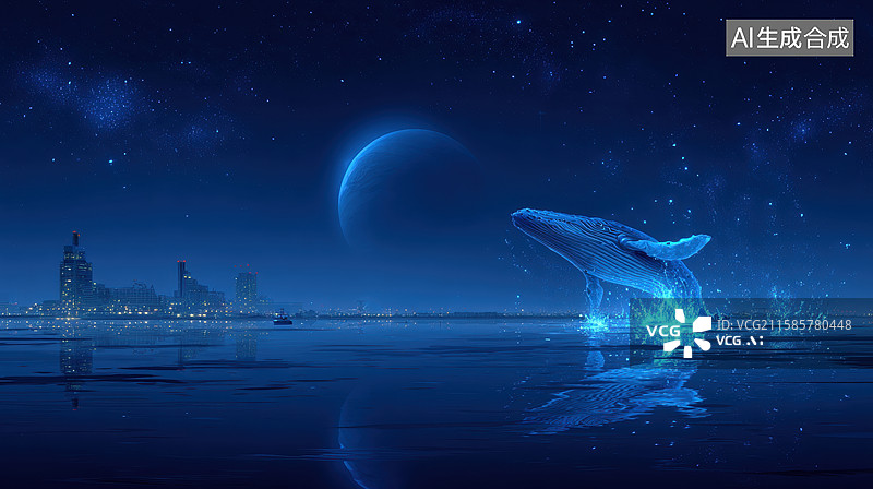 【AI数字艺术】夜空下的跃鲸与城市剪影图片素材