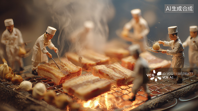 【AI数字艺术】微型厨师团队烧烤美食场景图片素材