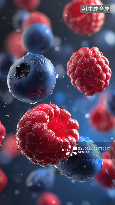 【AI数字艺术】新鲜蓝莓与覆盆子悬浮空中图片素材