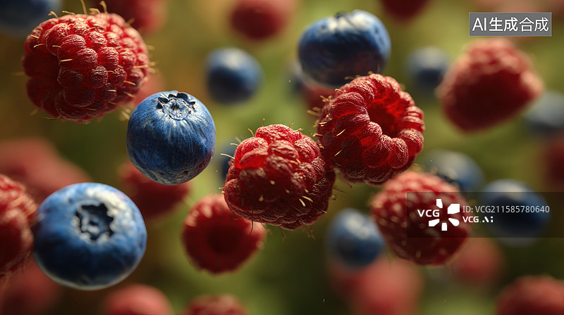 【AI数字艺术】新鲜蓝莓与覆盆子的特写图片素材