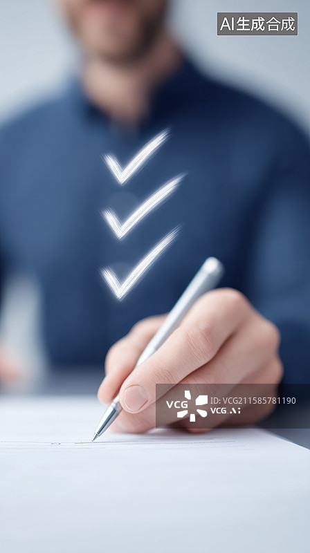 【AI数字艺术】手握钢笔签署文件，旁有勾选标记图片素材