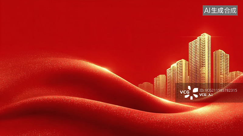 【AI数字艺术】红色背景，流动的抽象曲线，城市建筑，节日庆祝海报，左边留白图片素材