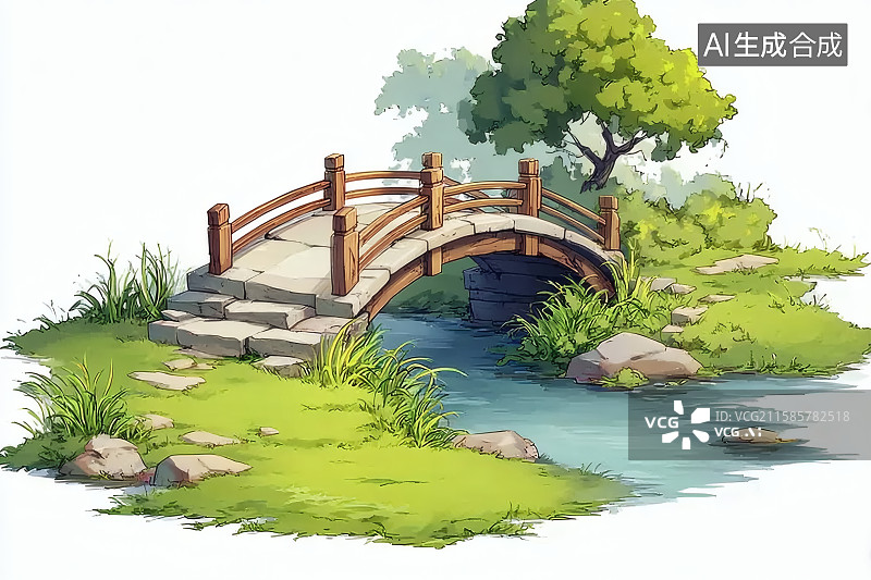 【AI数字艺术】溪流上架着一座石桥，绿色的草地，茂盛的树木图片素材
