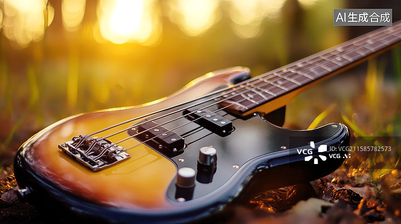 【AI数字艺术】原木木纹复古贝斯乐器图片素材