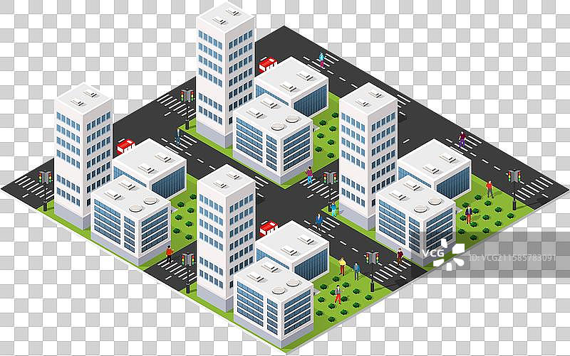 现代等距城市，行人走在街道上图片素材