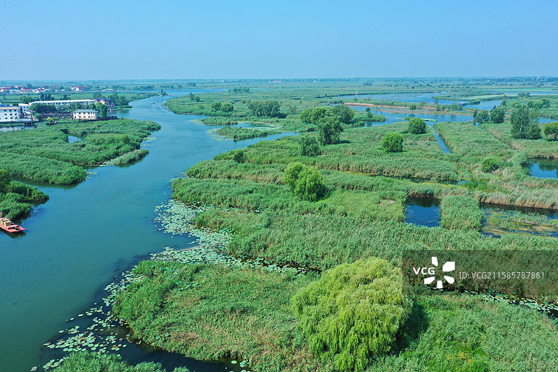 七彩流霞染碧塘，炊烟袅袅稻禾香  轻舟剪浪惊鸥远，锦鲤摇莲伴鹭翔  万顷芙蓉迎客笑，一川烟水醉心房图片素材