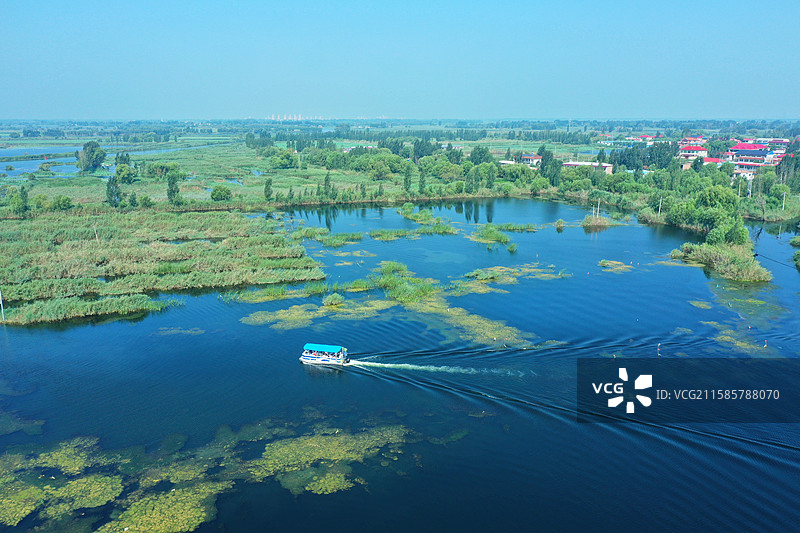 七彩流霞染碧塘，炊烟袅袅稻禾香  轻舟剪浪惊鸥远，锦鲤摇莲伴鹭翔  万顷芙蓉迎客笑，一川烟水醉心房图片素材