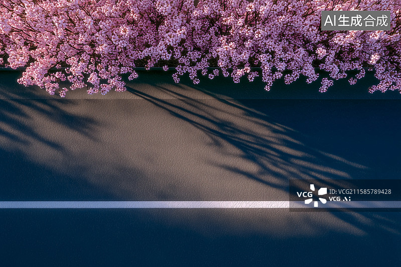 【AI数字艺术】樱花树下的空旷沥青路图片素材