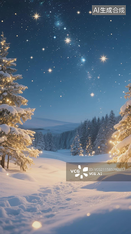 【AI数字艺术】冬夜雪景星空图片素材