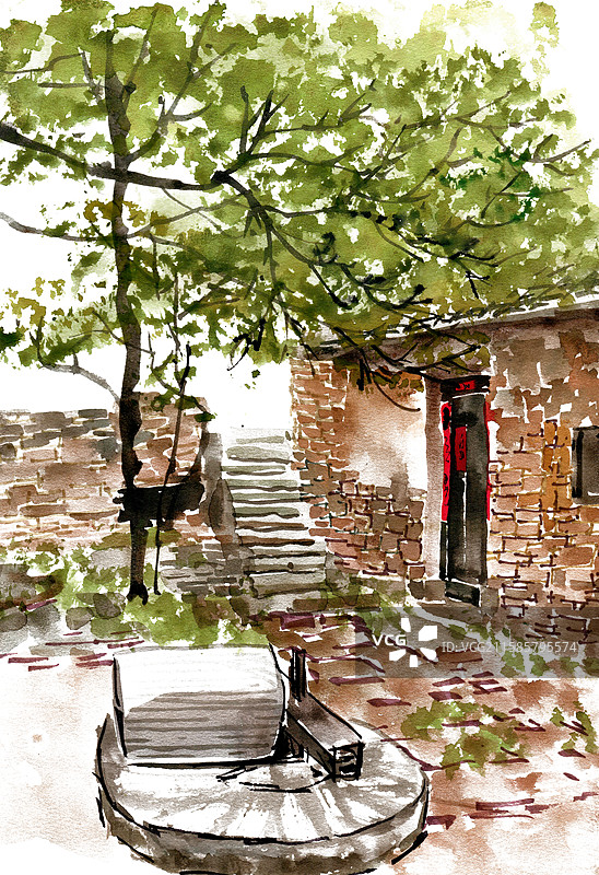 屋前的石碾图片素材