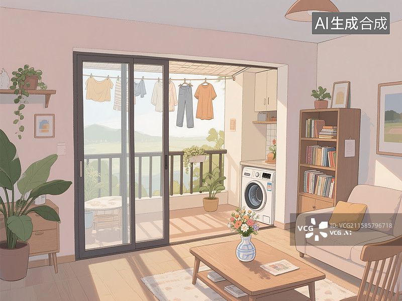 【AI数字艺术】温馨客厅与阳台洗衣房图片素材