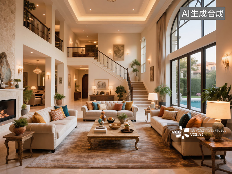 【AI数字艺术】豪华客厅与开放式楼梯设计图片素材