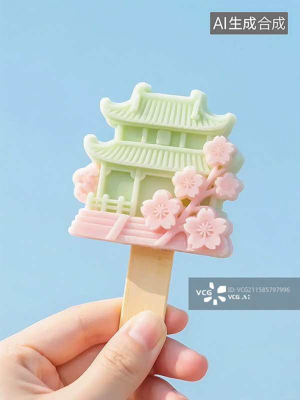 【AI数字艺术】文创创意建筑造型雪糕：古建筑与樱花的融合图片素材