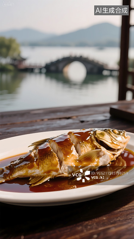 【AI数字艺术】西湖醋鱼 杭州美食 西湖 知名中餐 烹饪 餐馆餐厅菜谱 美食荒漠图片素材