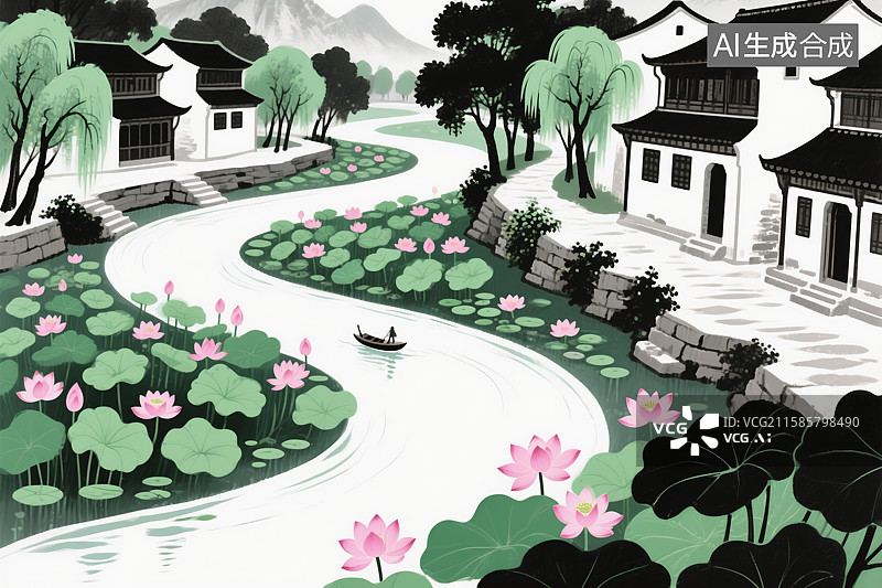 【AI数字艺术】江南水乡，荷塘小舟图片素材