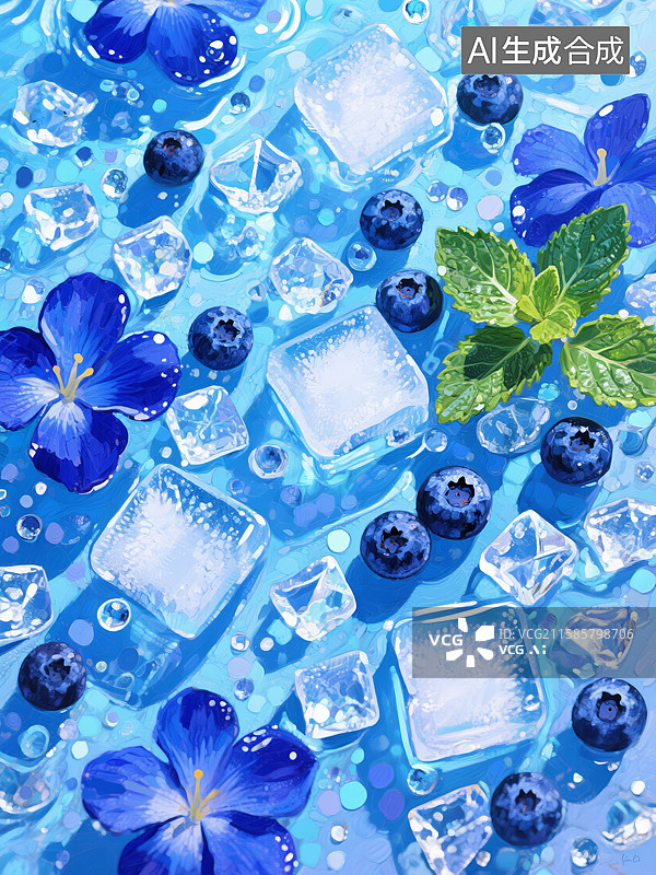 【AI数字艺术】冰块蓝莓与紫色花朵的清凉组合图片素材
