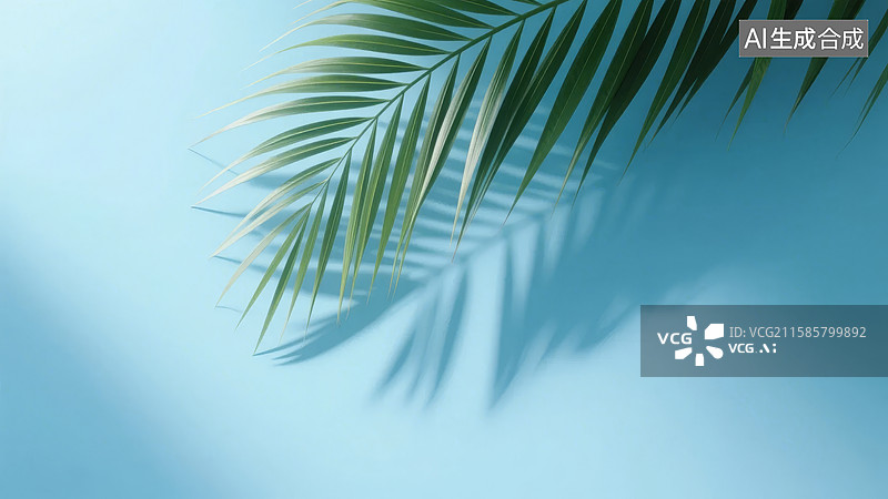 【AI数字艺术】蓝色背景上的棕榈叶阴影图片素材