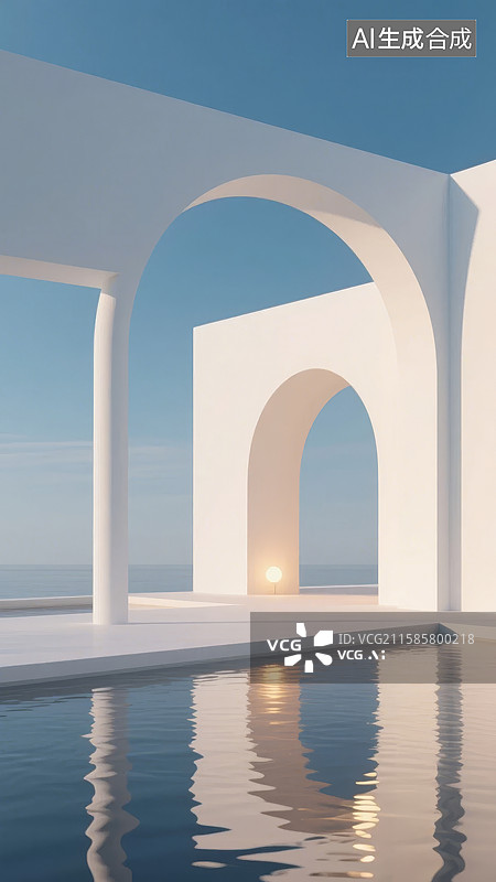 【AI数字艺术】现代建筑拱门与泳池倒影图片素材