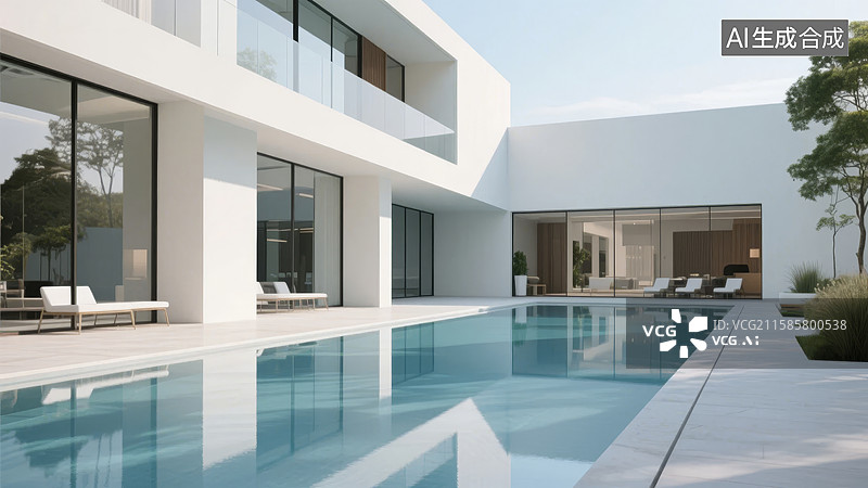 【AI数字艺术】现代别墅泳池庭院图片素材