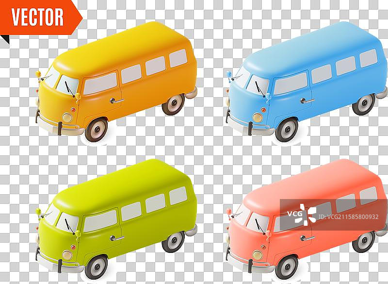 三维不同颜色的露营车巴士套装旅行与图片素材