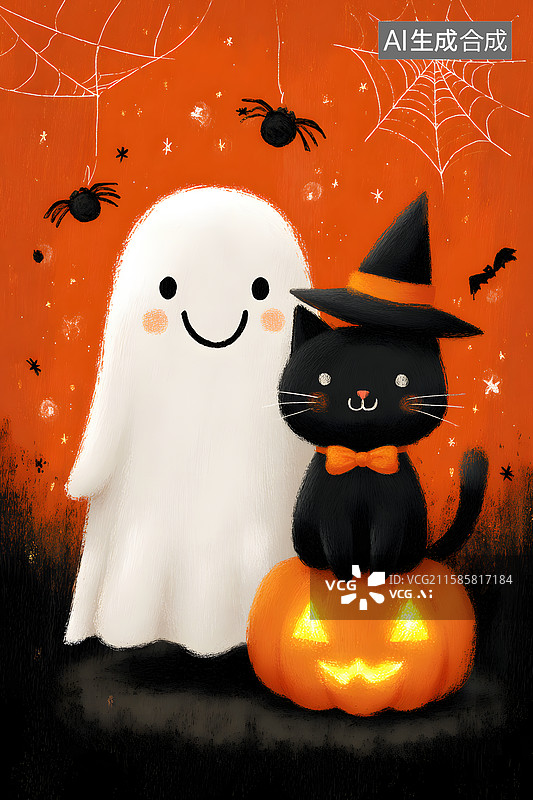 【AI数字艺术】万圣节主题幽灵和黑猫壁纸图片素材