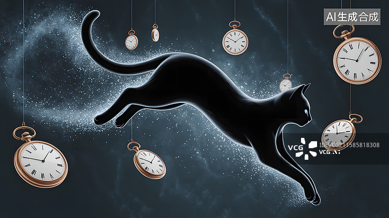 【AI数字艺术】黑猫与悬浮的怀表图片素材