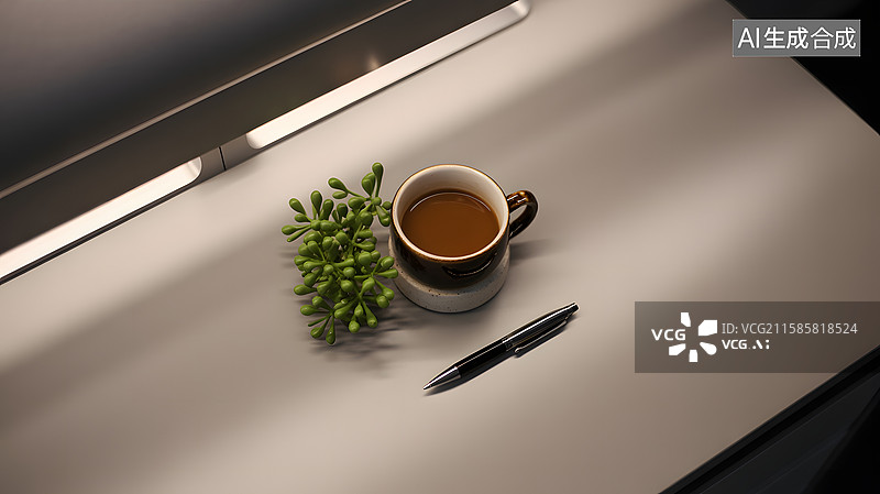 【AI数字艺术】办公桌上的咖啡与绿植图片素材