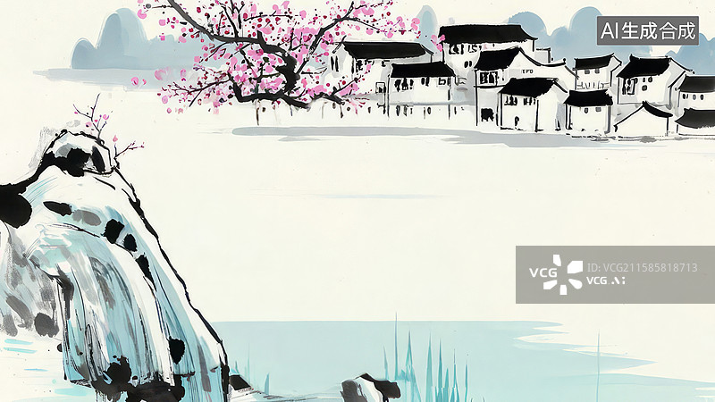 【AI数字艺术】水墨画最大-背景壁纸1水墨画中的古村与樱花图片素材