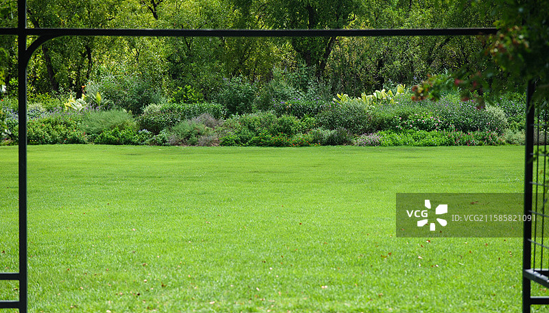铁艺框架后的草坪绿化空间图片素材